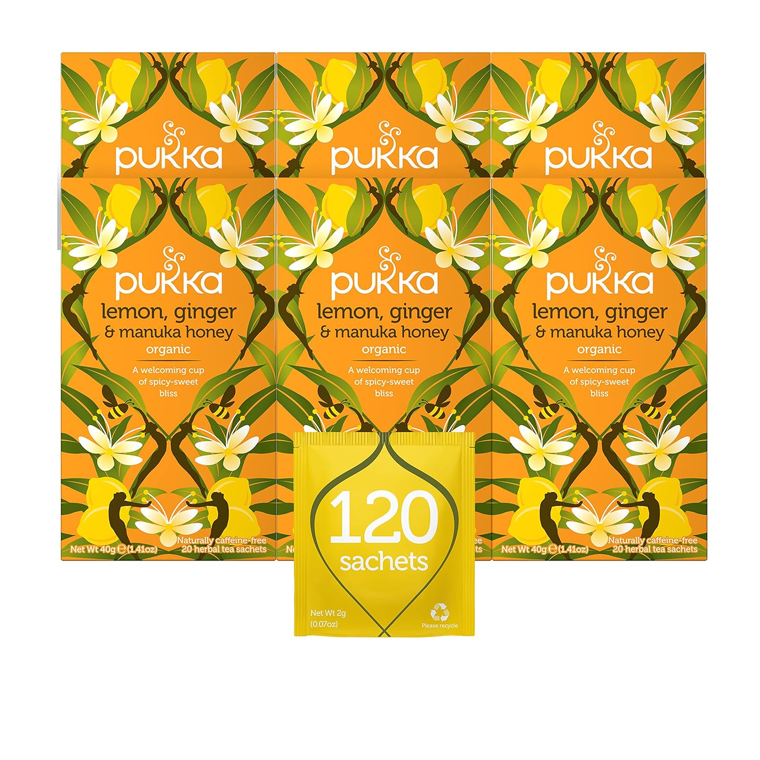 Pukka Organic Tea Bags, Lemon, Ginger & Manuka Honey Herbal Tea, Perfect For Everyday Wellness, 20 Count (Pack Of 6) 120 Tea Bags