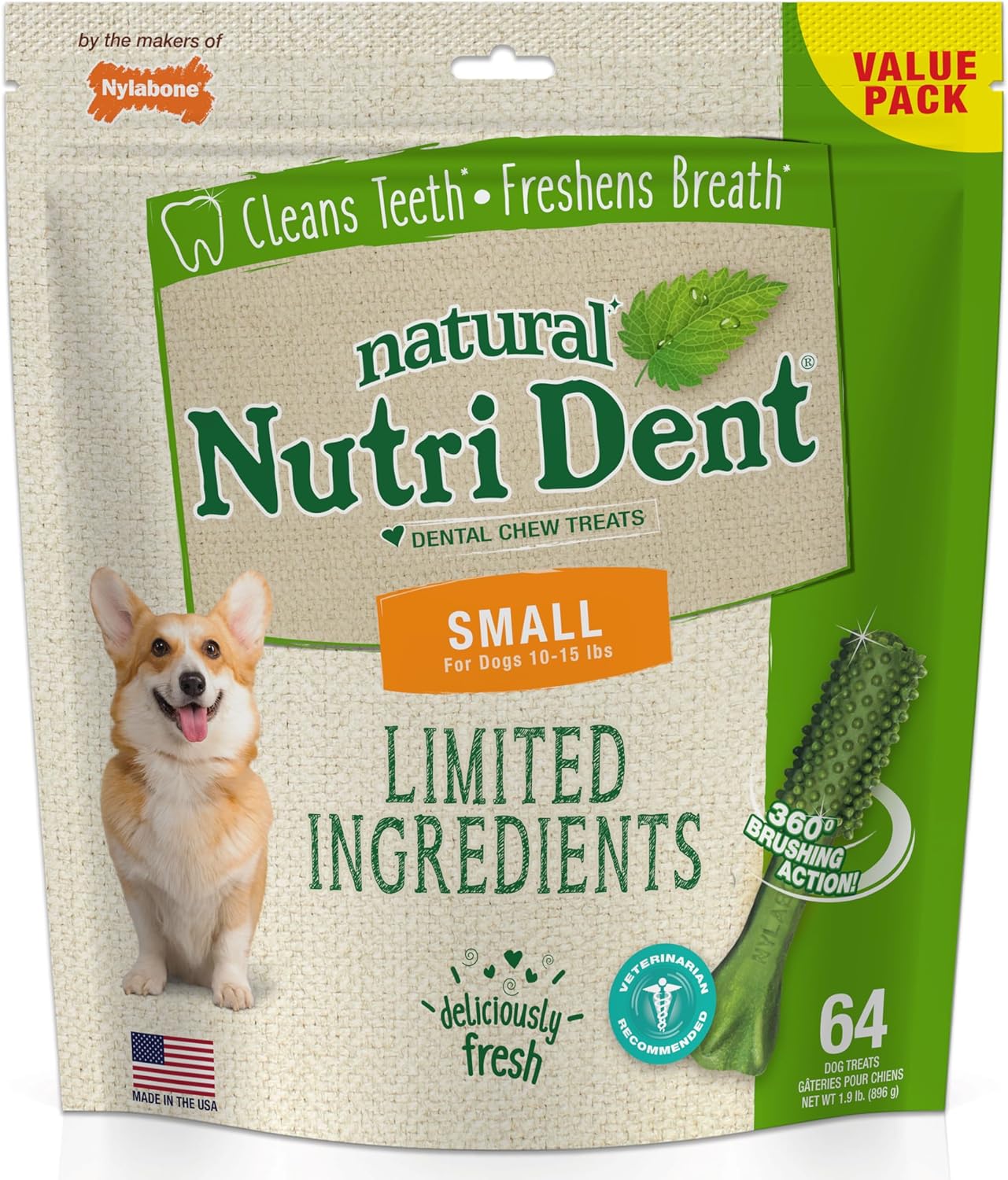Nylabone Nutri Dent Dog Dental Chews - Natural Dog Teeth Cleaning & Breath Freshener - Dental Treats for Dogs - Fresh Breath Flavor, Small (64 Count)