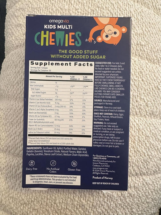 Omegavia Sugar Free Kids Multivitamin Chewies - Daily Chewable Gummy Vitamins For Kids 3+, Vitamin A, C, D3, E, B6 & B12, Folate & More, Natural Orange Flavor, 30 Count