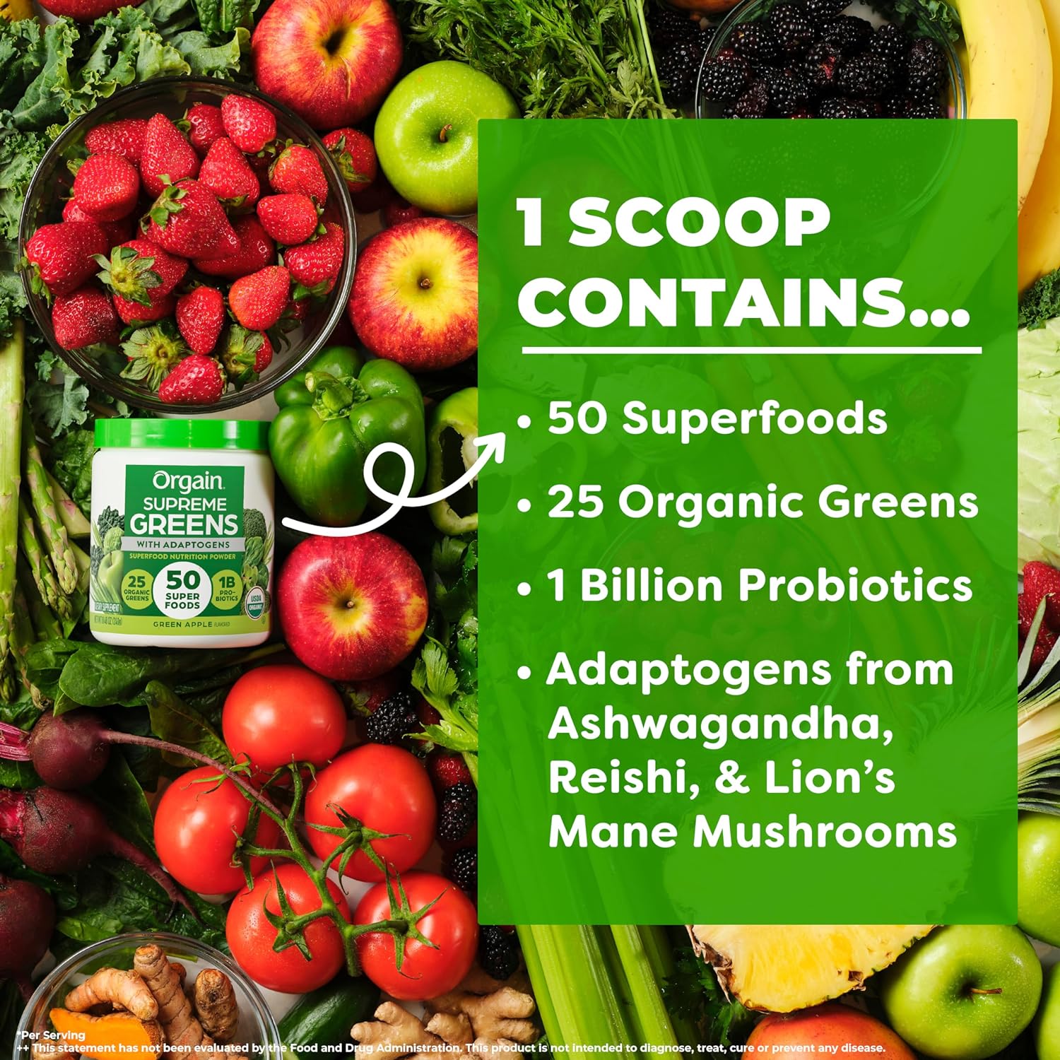 Orgain Supreme Greens Powder with 25 Organic Greens, 50 Superfoods, 1 Billion Probiotics, and Adaptogens, Vegan Greens for Gut Health and Immune Support, 1.5 Servings of Fruit and Veggies, Green Apple : Grocery & Gourmet Food
