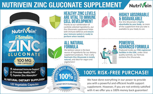 Nutrivein Premium Zinc Gluconate 100mg - 120 Capsules - Immunity Defen