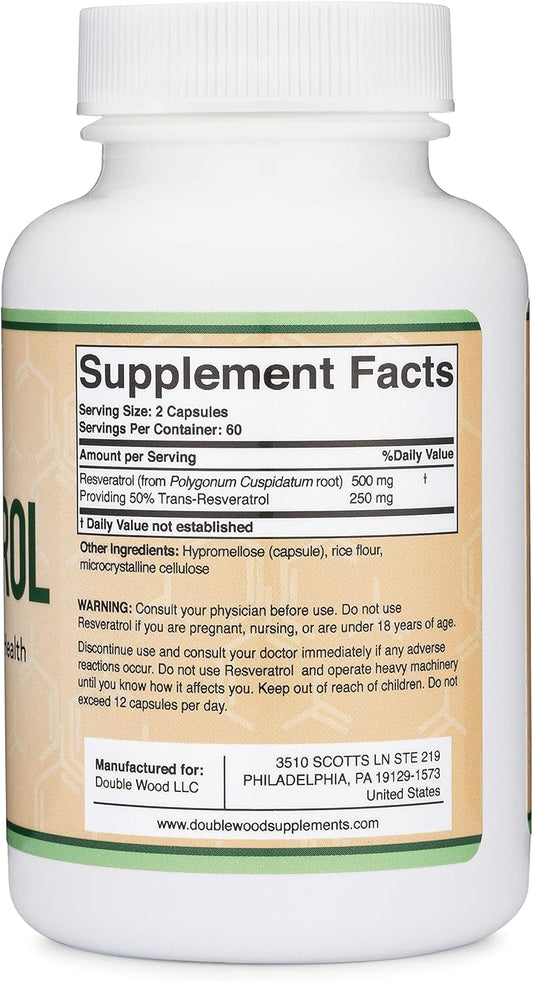 Resveratrol Supplement 500Mg Per Serving, 120 Capsules (Resveratrol Polygonum Root Extract Providing 50% Trans Resveratrol) Healthy Aging Support By Double Wood