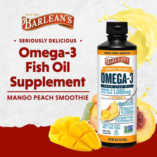 Barlean's Mango Peach Omega 3 Fish Oil Liquid Supplement with Vitamin