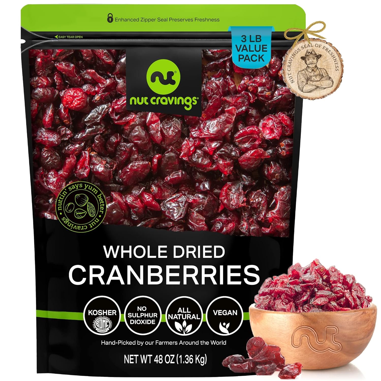 Nut Cravings Dry Fruits - Sun Dried Whole Cranberries, Lightly Sweetened (48oz - 3 LB) Packed Fresh in Resealable Bag - Sweet Snack, Healthy Food, All Natural, Vegan, Kosher Certified