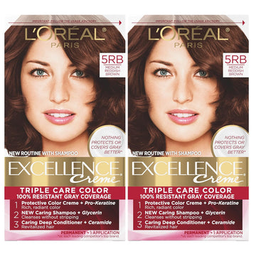 L'Oreal Paris Excellence Creme Permanent Hair Color, 5Rb Medium Reddish Brown, 100 Percent Gray Coverage Hair Dye, Pack Of 2