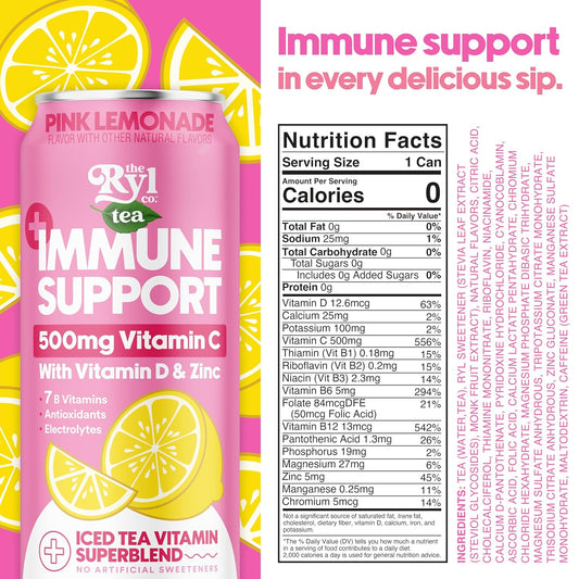 Ryl Immune Support Iced Tea, Pink Lemonade, 500Mg Vitamin C With Vitamin D & Zinc, Zero Sugar, Zero Calories, 16.0 Fl Oz (12-Pack)