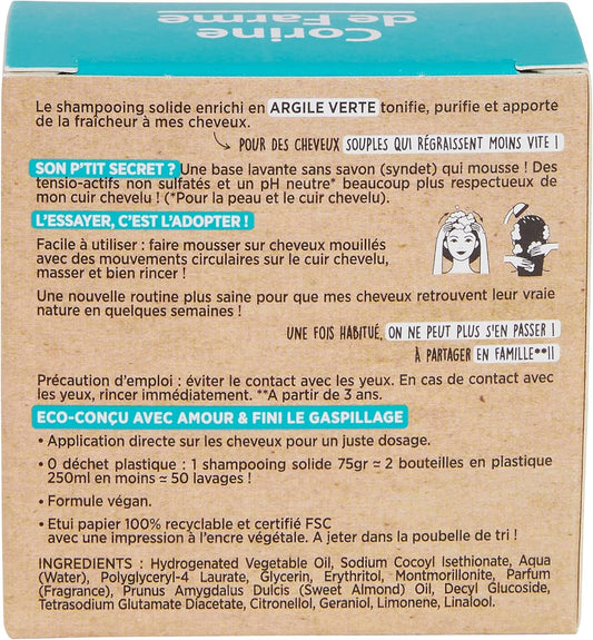 Corine De Farme, 04097301 Solid Shampoo For Oily Hair, Vegan, Purifying Green Clay Formula, Biodegradable Shampoo Made In France, Eco-Friendly And Zero Waste