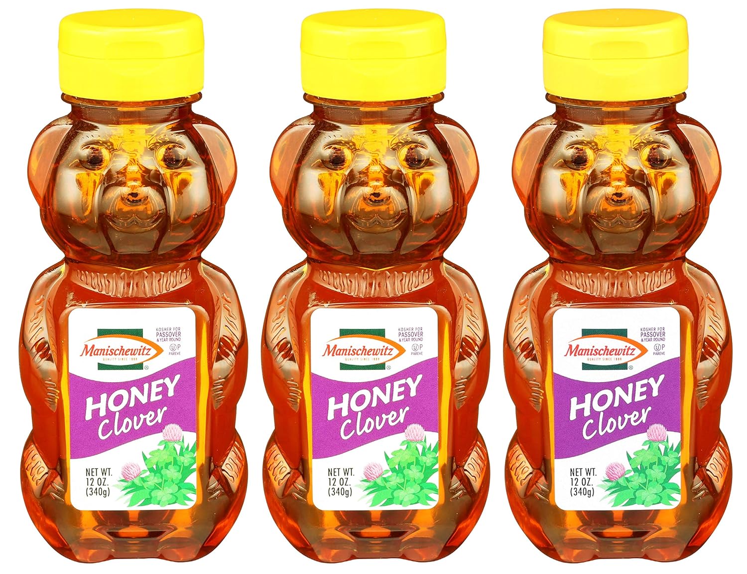Manischewitz Pure Clover 12oz Honey Bears (3 Pack) Mess Free Squeeze Bottle, Gluten Free