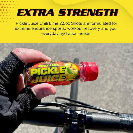 Pickle Juice Sports Drink Shots, Extra Strength, Chili Lime - Relieves Cramps Fast - Electrolyte Shots For Day & Night Time Cramp Relief For Leg Cramps - 2.5 Oz, 12 Pack