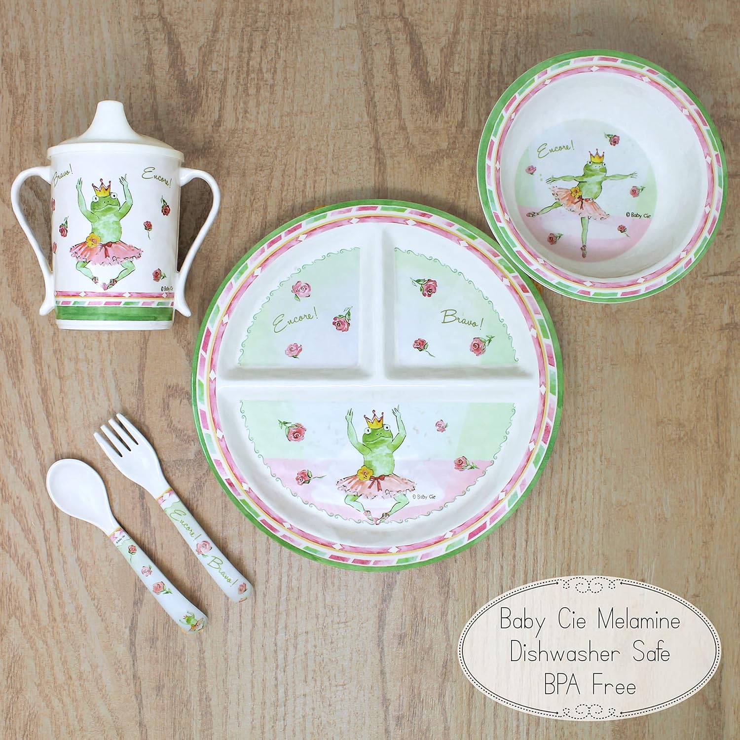 Baby Cie Kids And Baby Melamine Place Setting Sippy Cup, Suctions Bowl, Section Plate And Fork Spoon Set (Bravo! Encore!) : Baby