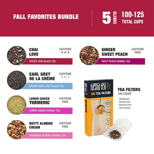 Tiesta Tea – Fall Favorites | 5 Fall Tea Variety Loose Leaf Tea Set | High To Non Caffeinated Hot & Iced Tea | Starter Kit With Ginger, Black & Herbal Tea Sample Bags And 100 Disposable Tea Filters