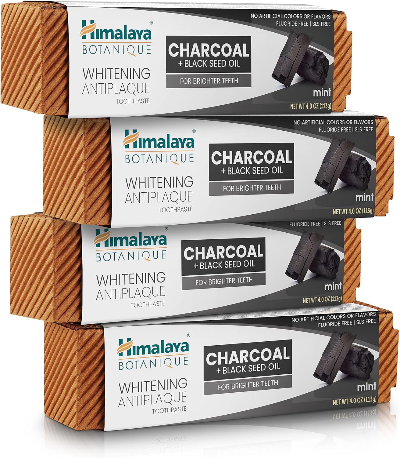 Himalaya Botanique Whitening Antiplaque Toothpaste With Charcoal + Black Seed Oil, Fluoride Free, For Whiter Teeth, 4 Oz, 4 Pack