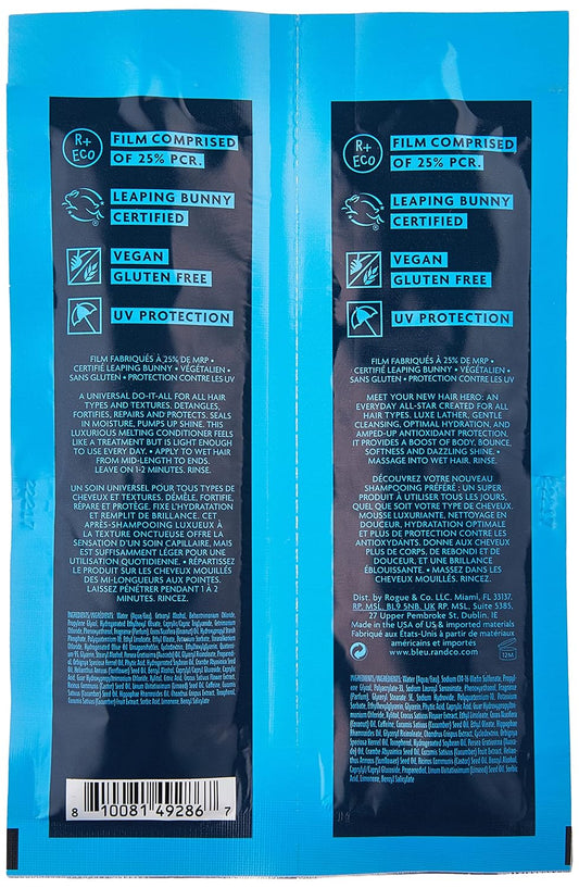 R+Co Bleu Essential Shampoo + Conditioner Tandem Packette | Hydrates + Smoothes + Nourishes Hair | Vegan, Sustainable + Cruelty-Free | 14Ml