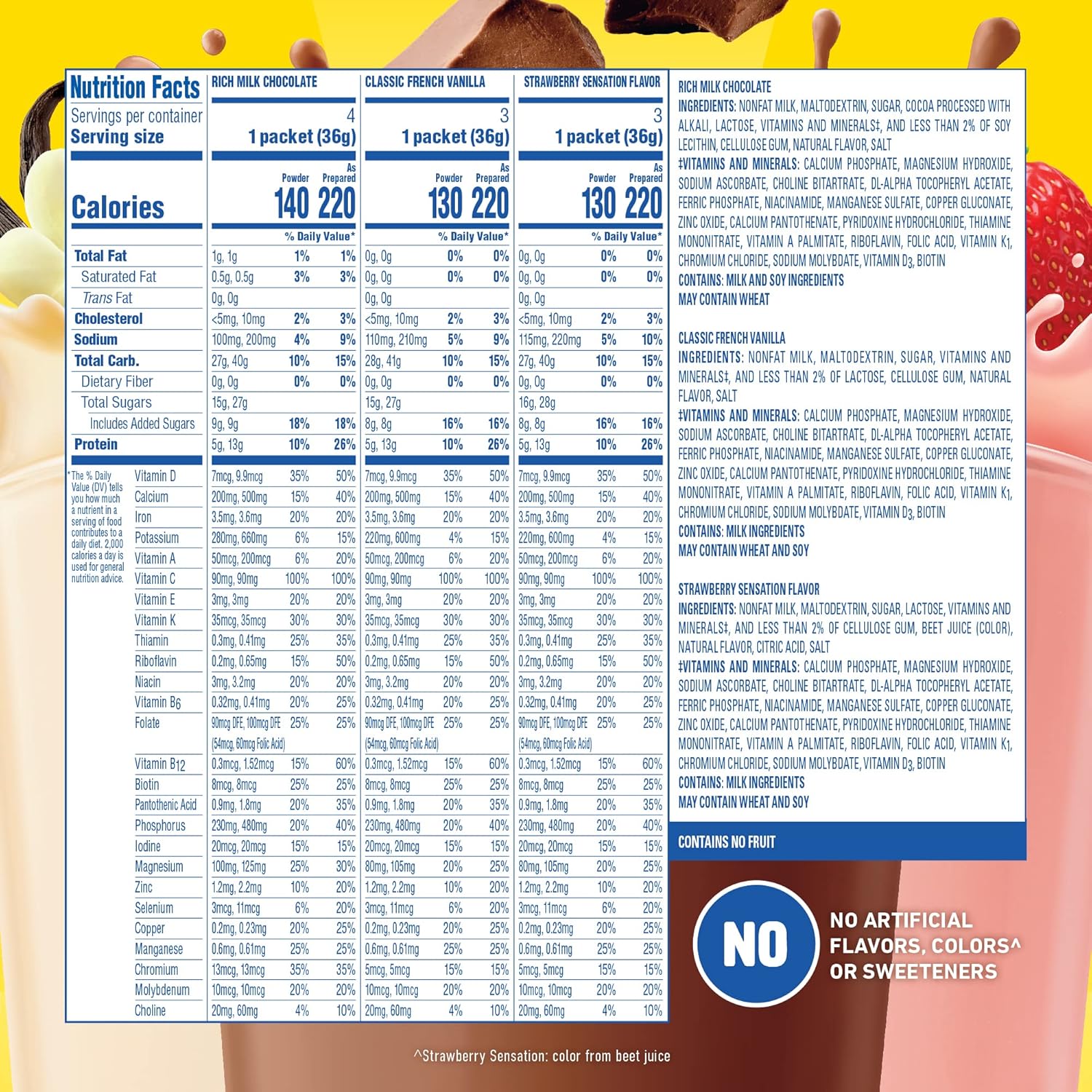 Carnation Breakfast Essentials Complete Nutritional Drink Rich Milk Chocolate / Classic French Vanilla / Strawberry Sensation Flavor 1.26 Oz. 60 Ct