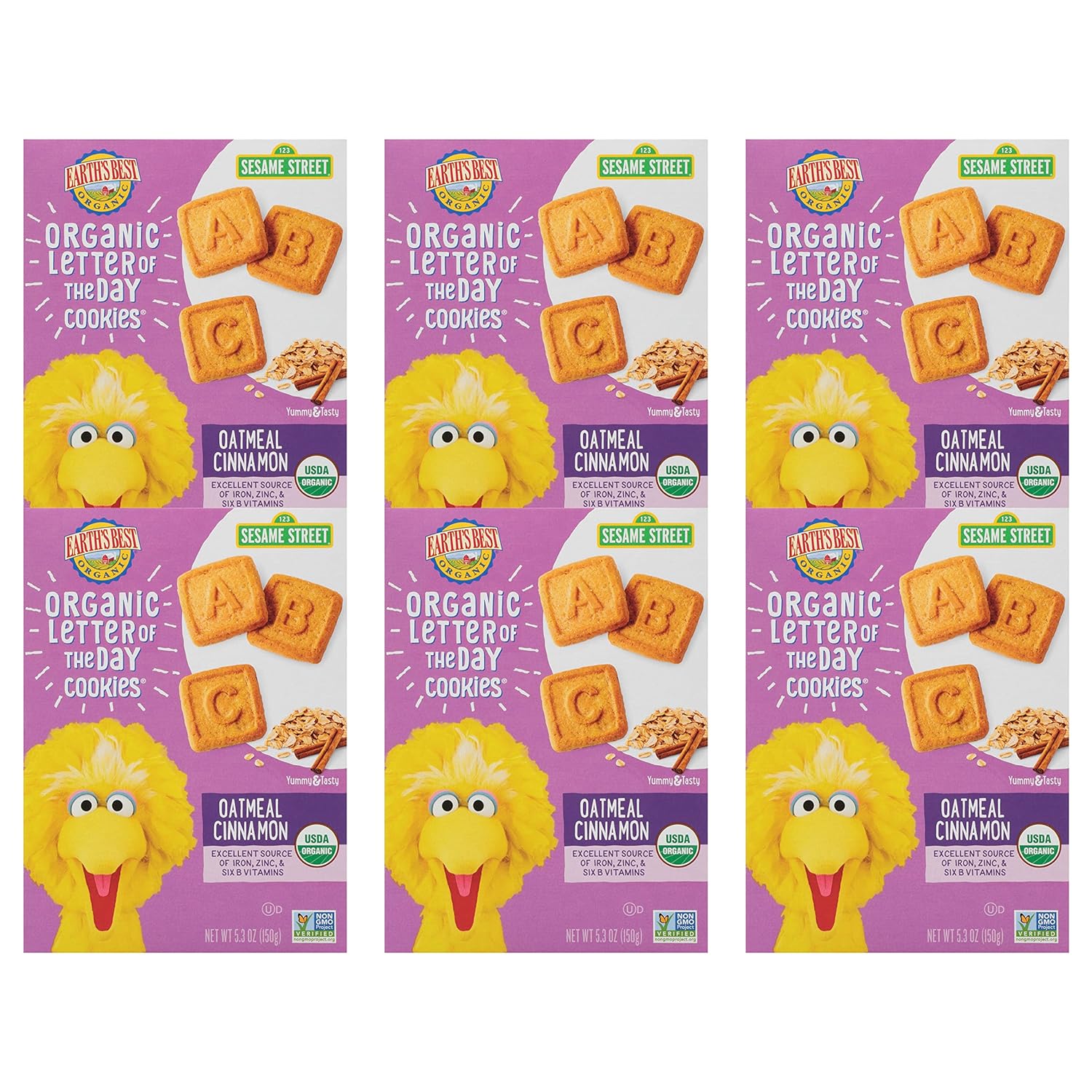 Earth'S Best Organic Kids Snacks, Sesame Street Toddler Snacks, Organic Letter Of The Day Cookies For Toddlers 2 Years And Older, Oatmeal Cinnamon, 5.3 Oz Box (Pack Of 6)