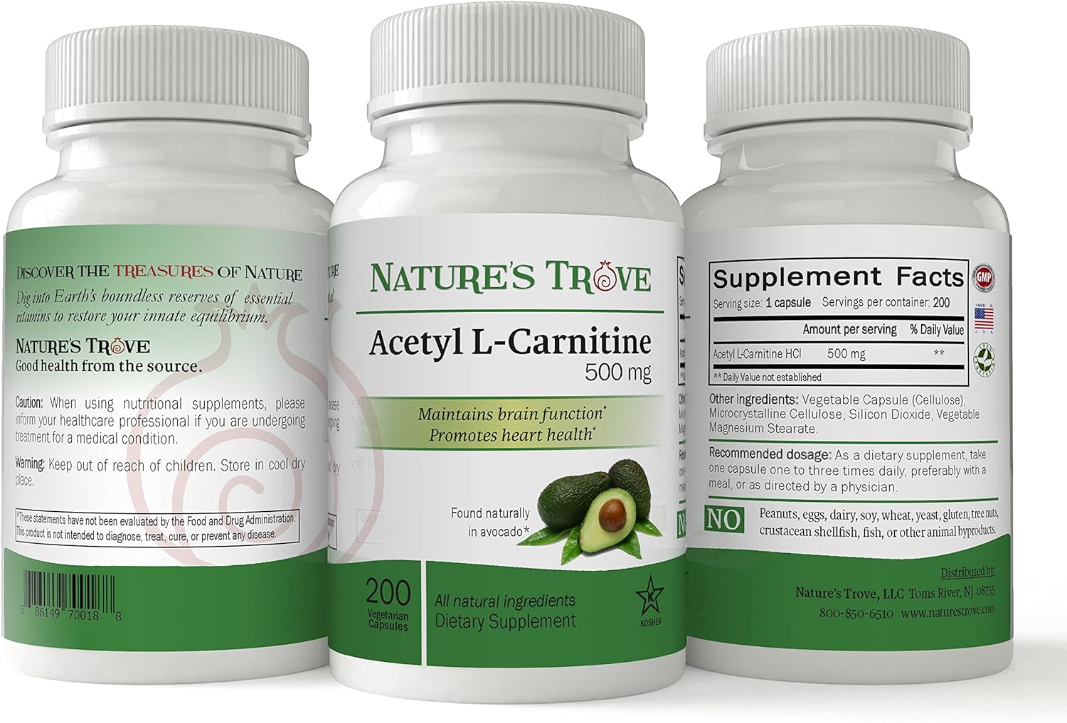 Nature's Trove Acetyl L-Carnitine (ALCAR) 500 mg 200 Vegetarian Capsules : Health & Household