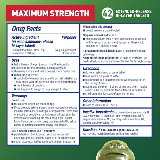 Mucinex Dm 12Hr Maximum Strength Chest Congestion & Cough Medicine For Adults, Cold And Cough Medicine For Excess Mucus Relief, 1200 Mg Guaifenesin & 60 Mg Dextromethorphan Hbr, 42 Bi-Layer Tablets