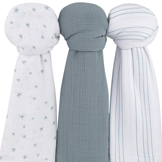 Ely'S & Co. Muslin Swaddle Blanket 3-Pack For Baby Boy— 100% Cotton Muslin Extra-Large Swaddle Blankets (47”X 47”) — (Misty Blue Stars?Solid?Stripes)