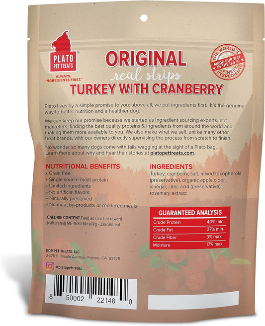 PLATO Turkey Real Strips Natural Dog Treats - Real Meat - Air Dried - Made in the USA - Turkey & Cranberry, 18 ounces