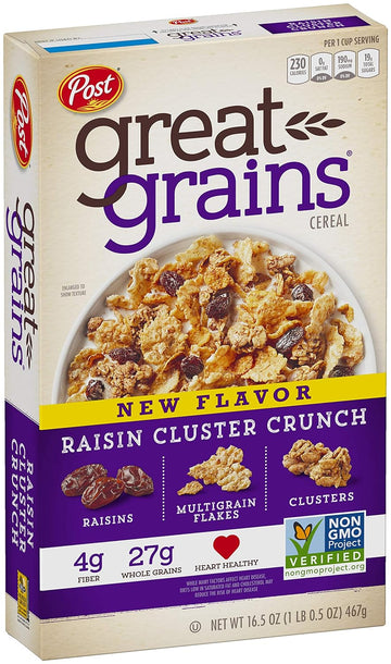 Post Great Grains Raisins Cluster Crunch Breakfast Cereal, Non GMO Project Verified, Heart Healthy, Low Fat, Whole Grain Cereal 16.5 Ounce Box (Pack of 12)