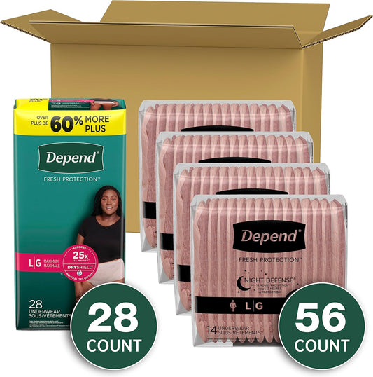 Adult Incontinence Underwear Bundle: Depend Fresh Protection Underwear For Women, Maximum, L, Blush, 28 Count And Depend Night Defense Underwear For Women, Overnight, L, Blush, 56 Count