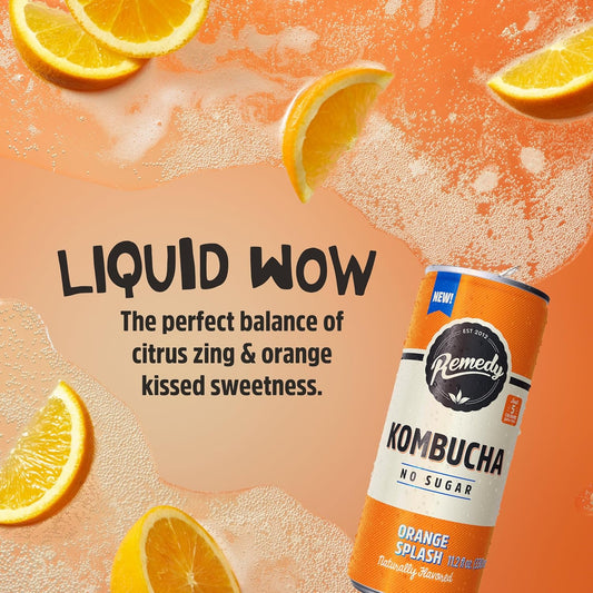Remedy Kombucha Sugar Free Organic Drink, Low Calorie, Probiotic Like Tea For Gut Health - Orange Splash - 11.2 Fl Oz Can, 4-Pack