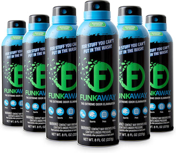 FunkAway Aerosol Spray, 8 oz., 6 Pack, Extreme Odor Eliminator Spray, Ideal for Shoe Smells, Pet Odors and Bulky Stuff that Won't Fit in the Wash; Attacks Musty Odors at the Source