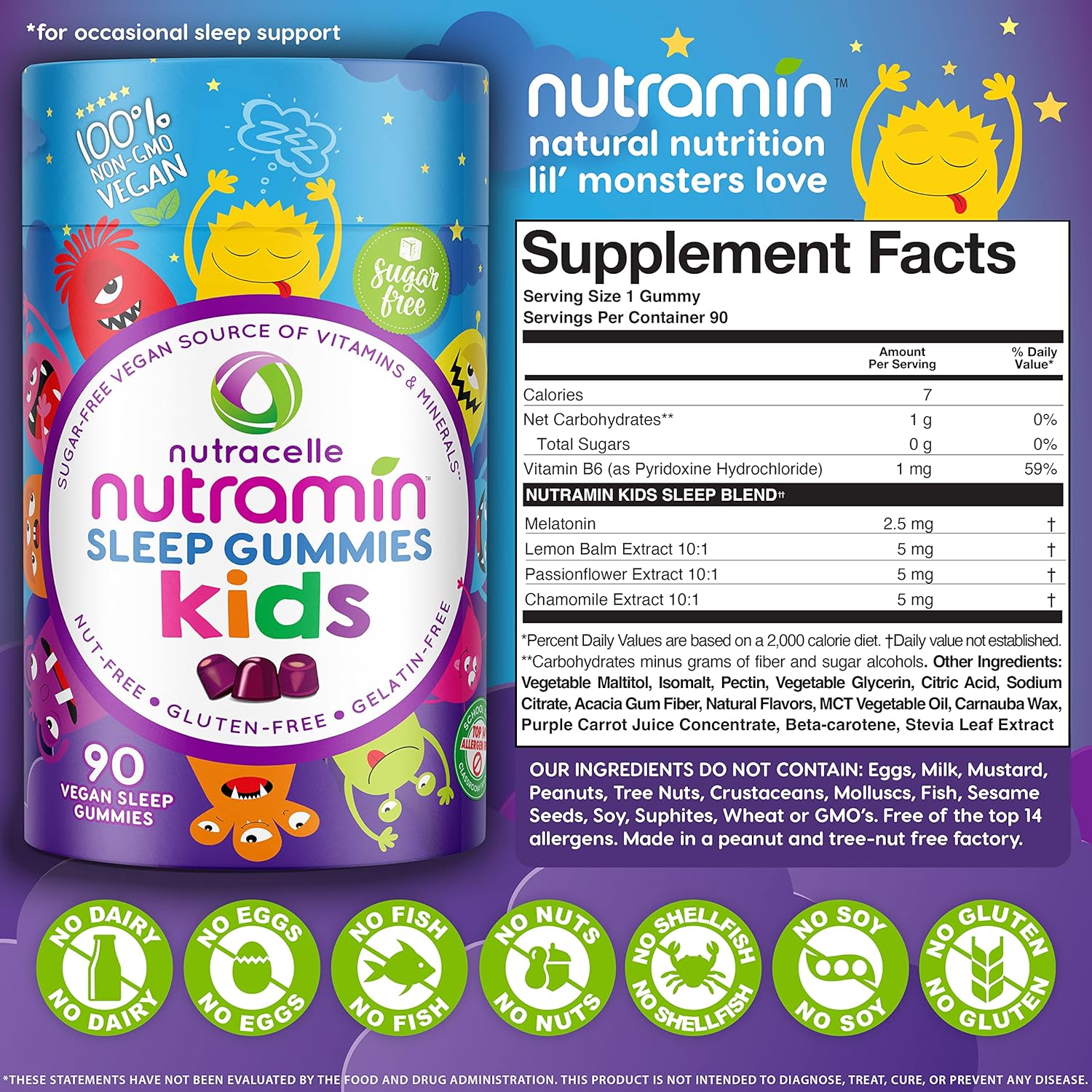 NUTRAMIN Kids Sleep Gummy - Sugar-Free & Vegan - 100% Natural Sleeping Aid with Melatonin Sleep Gummies for Kids - Hypoallergenic, Halal, Kosher, Non GMO - Dark Cherry - 90 Count : Health & Household