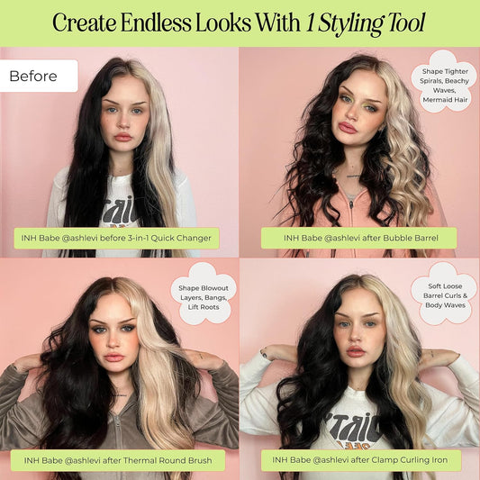 Inh Hair 3-In-1 Quick Change Styler | Interchangeable Styling Tool With 3 Detachable Heads: Thermal Round Brush, Clamp Curling Iron, And Bubble Barrel