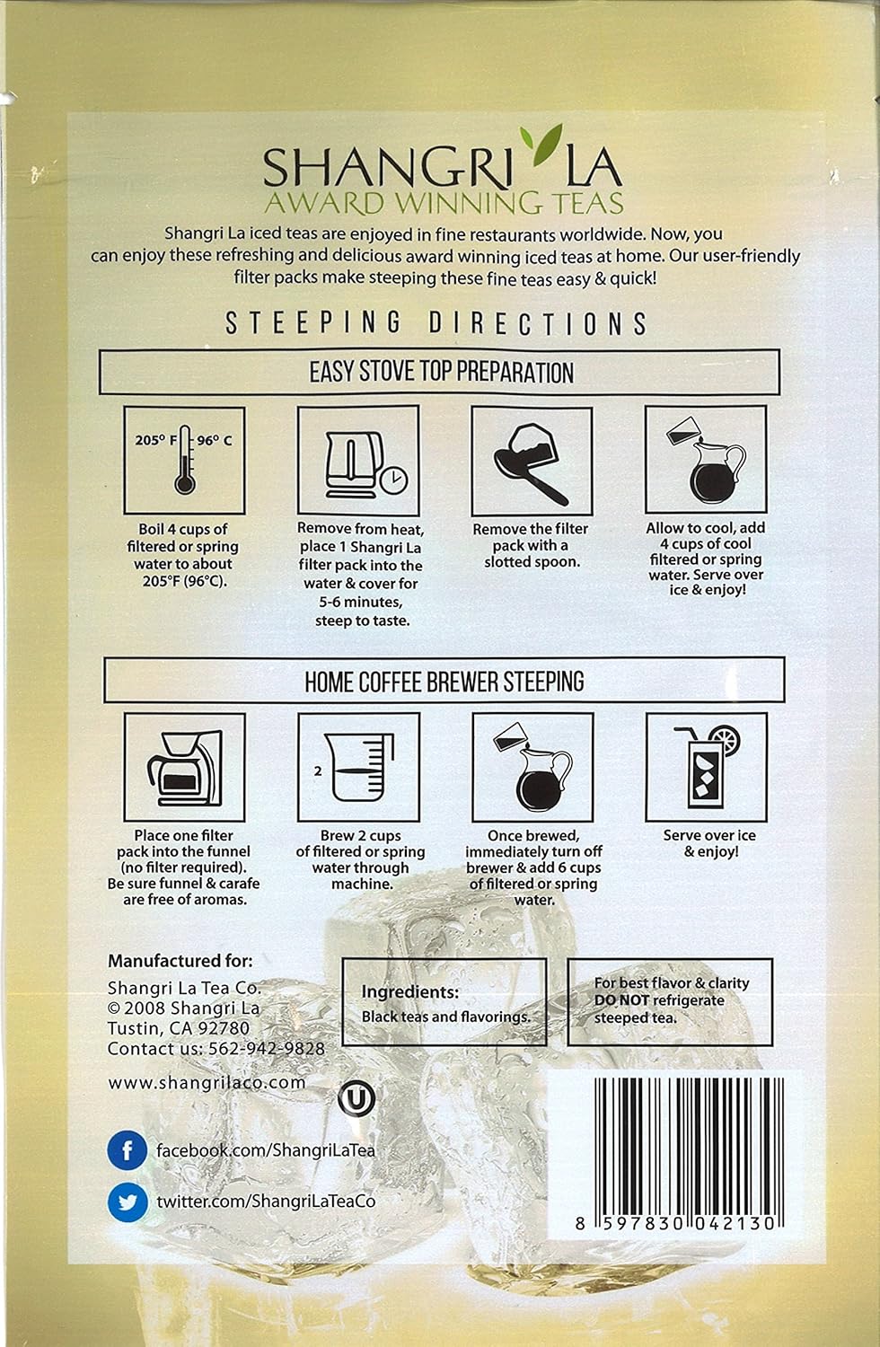 Shangri-La Tea Company Iced Tea Bags, Mango, Unsweetened And All Natural, Brews 2 Quarts Per Tea Bag, (6 Count) (5058)