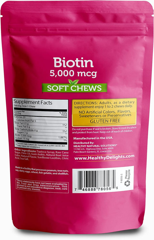 Healthy Delights Naturals, Biotin Soft Chews, Supports Lustrous Hair, Glowing Skin & Strong Nails, Delicious Wild Berry Flavor, 30 Count