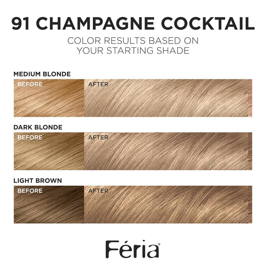 L'Oreal Paris Feria Multi-Faceted Shimmering Permanent Hair Color, 91Champagne Cocktail (Light Beige Blonde), Pack Of 1, Hair Dye