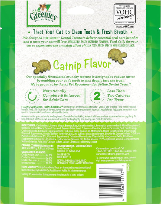 Greenies Feline Adult Natural Dental Care Cat Treats, Catnip Flavor, 4.6 Oz. Pouch