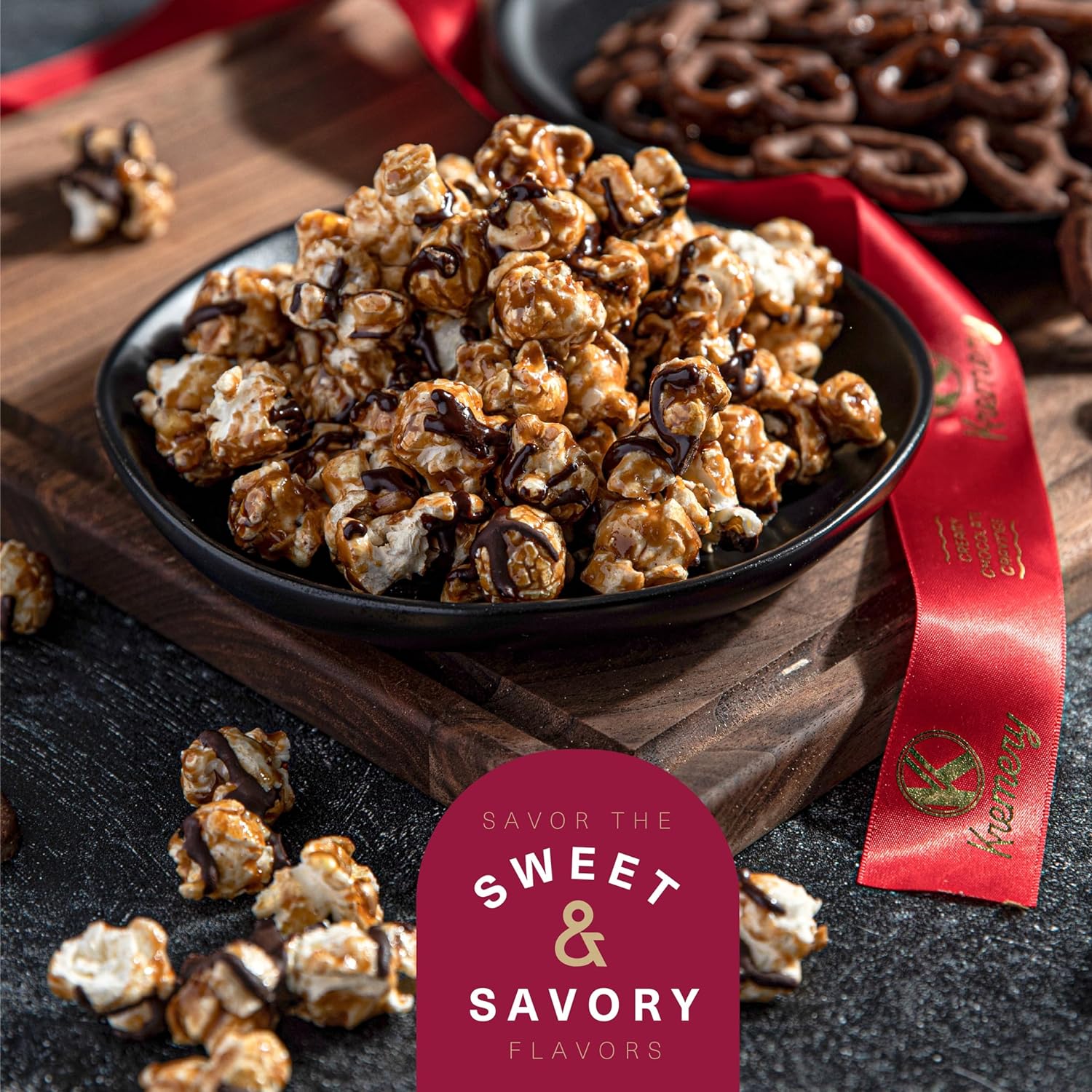 KREMERY Creamy Chocolate Cravings - Mothers Day Chocolate Covered Pretzels Gift Basket in Reusable Seagrass Tray + Ribbon, Caramel Popcorn Peanut Brittle Cashews (Medium 2.5 LB) Kosher Dairy USA Made : Grocery & Gourmet Food