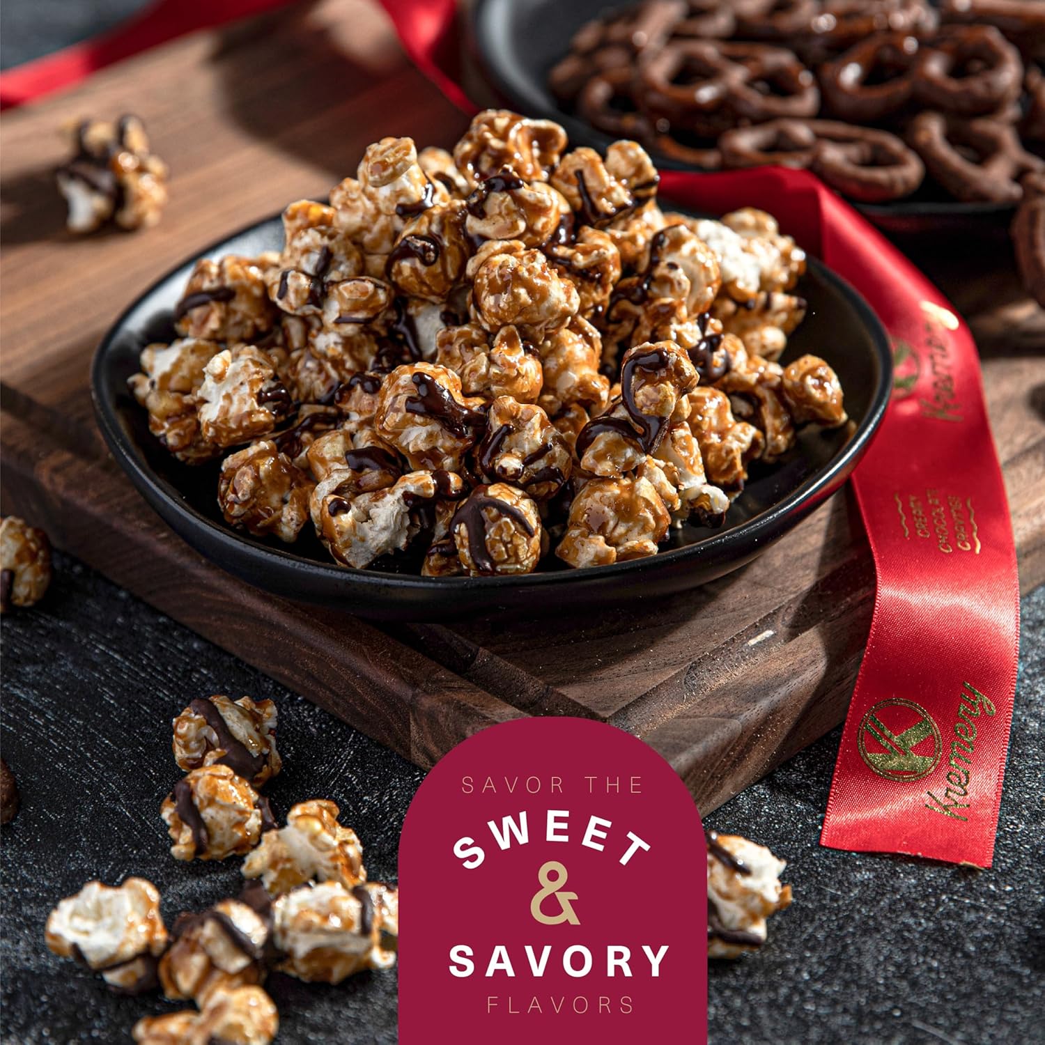 Kremery Creamy Chocolate Cravings - Chocolate Covered Pretzels & Caramel Popcorn Basket In Seagrass Tray + Ribbon Deluxe (3.5 Lbs) Appreciation Birthday Sweet Treats - Kosher Dairy