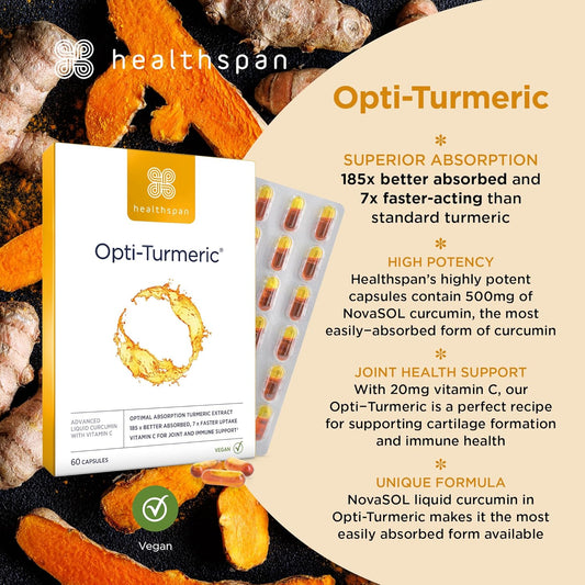 Healthspan Opti-Turmeric | High Strength 500Mg Liquid Curcumin | Supports Cartilage Formation | Immune Health | 185 Times Better Absorbed & 7 Times Faster Acting Than Standard Turmeric (30 Capsules)