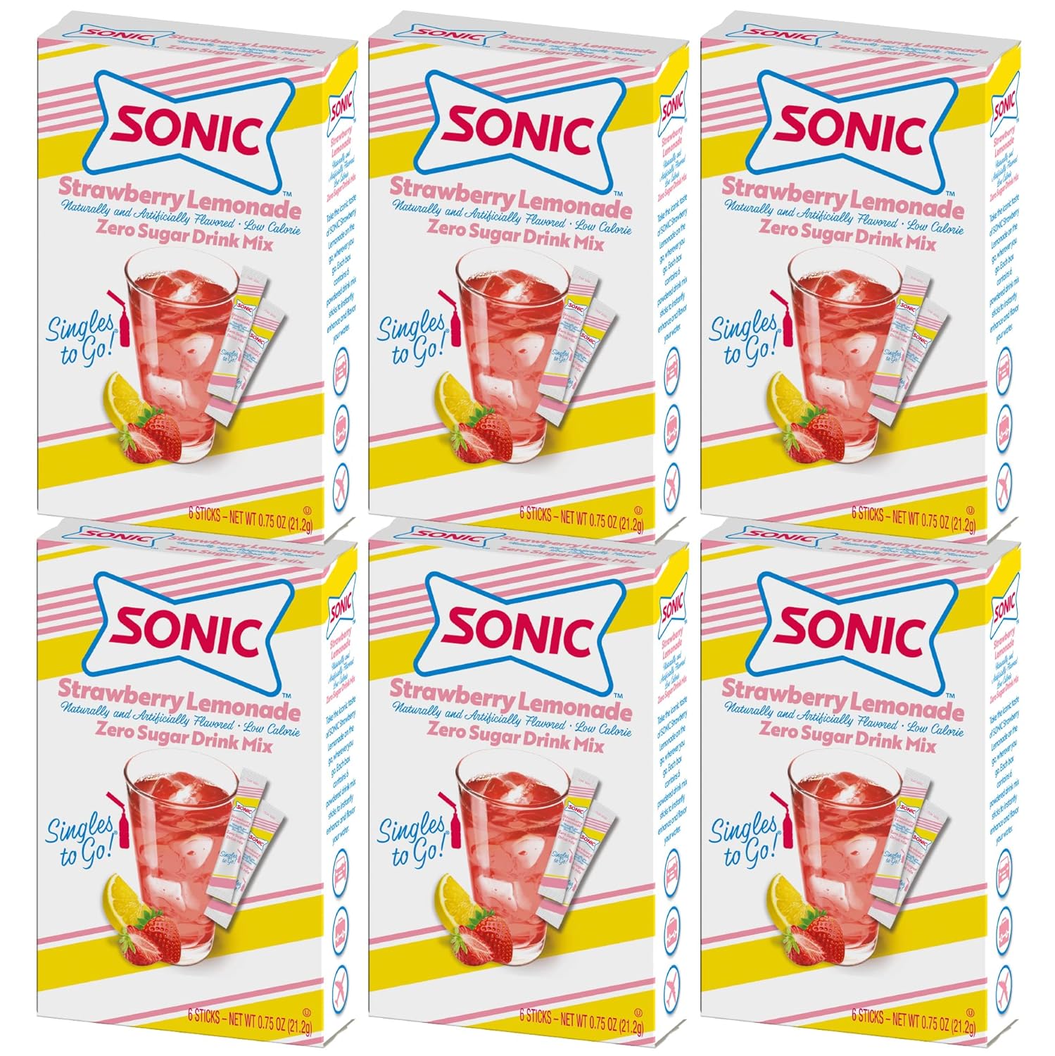 Sonic Singles To Go Powdered Drink Mix, Strawberry Lemonade, 6 Sticks Per Box, 6 Boxes Included (36 Sticks Total)