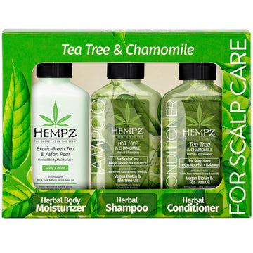 Hempz Shampoo, Conditioner, And Body Lotion Trio Set - Tea Tree & Chamomile - Hair & Skin Care Product Pack, Hemp Seed Oil - 2.25 Fl Oz, 3-Pack Bundle