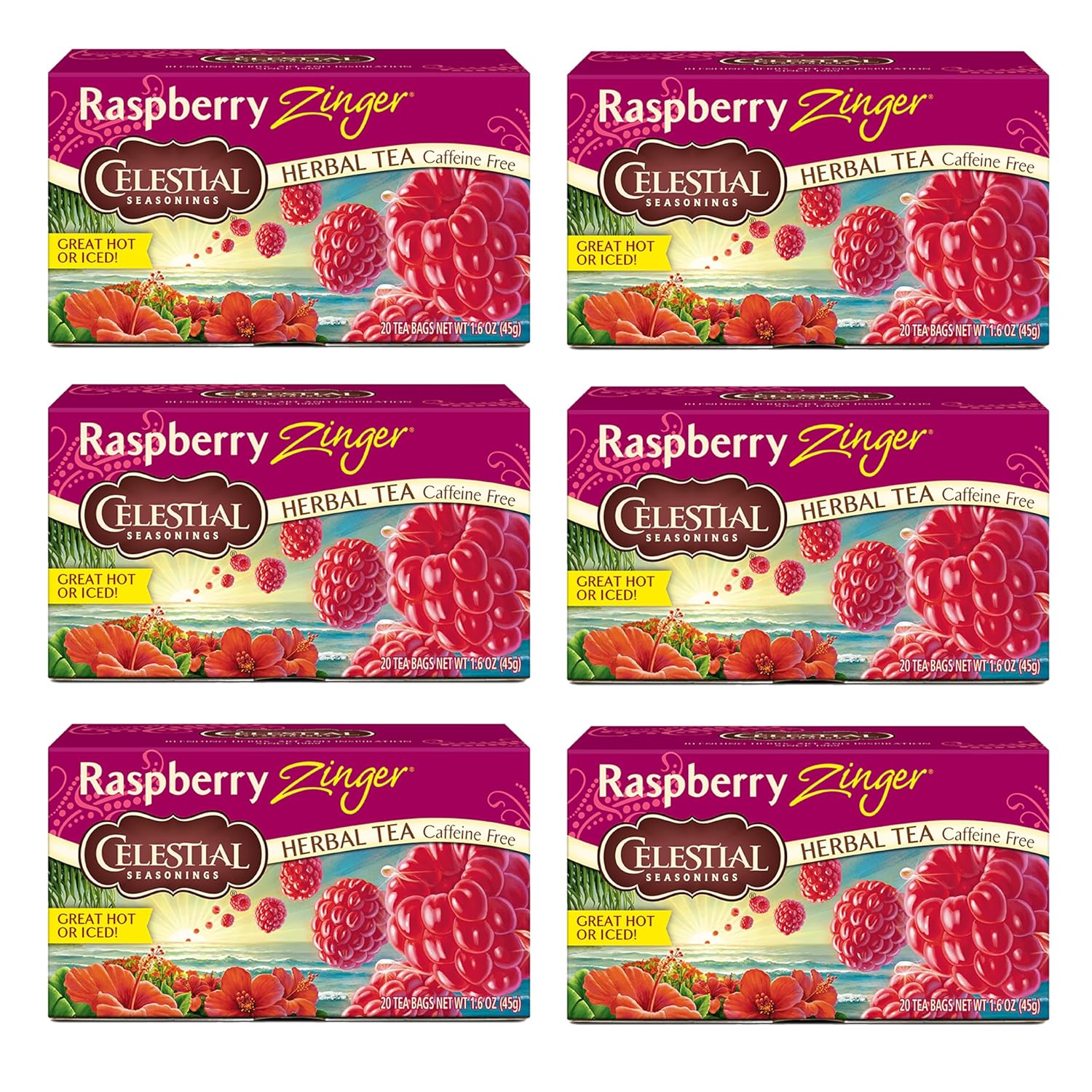 Celestial Seasonings Raspberry Zinger Herbal Tea, Caffeine Free, 20 Tea Bags Box, (Pack Of 6)