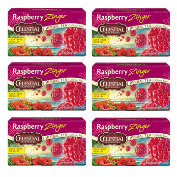 Celestial Seasonings Raspberry Zinger Herbal Tea, Caffeine Free, 20 Tea Bags Box, (Pack Of 6)