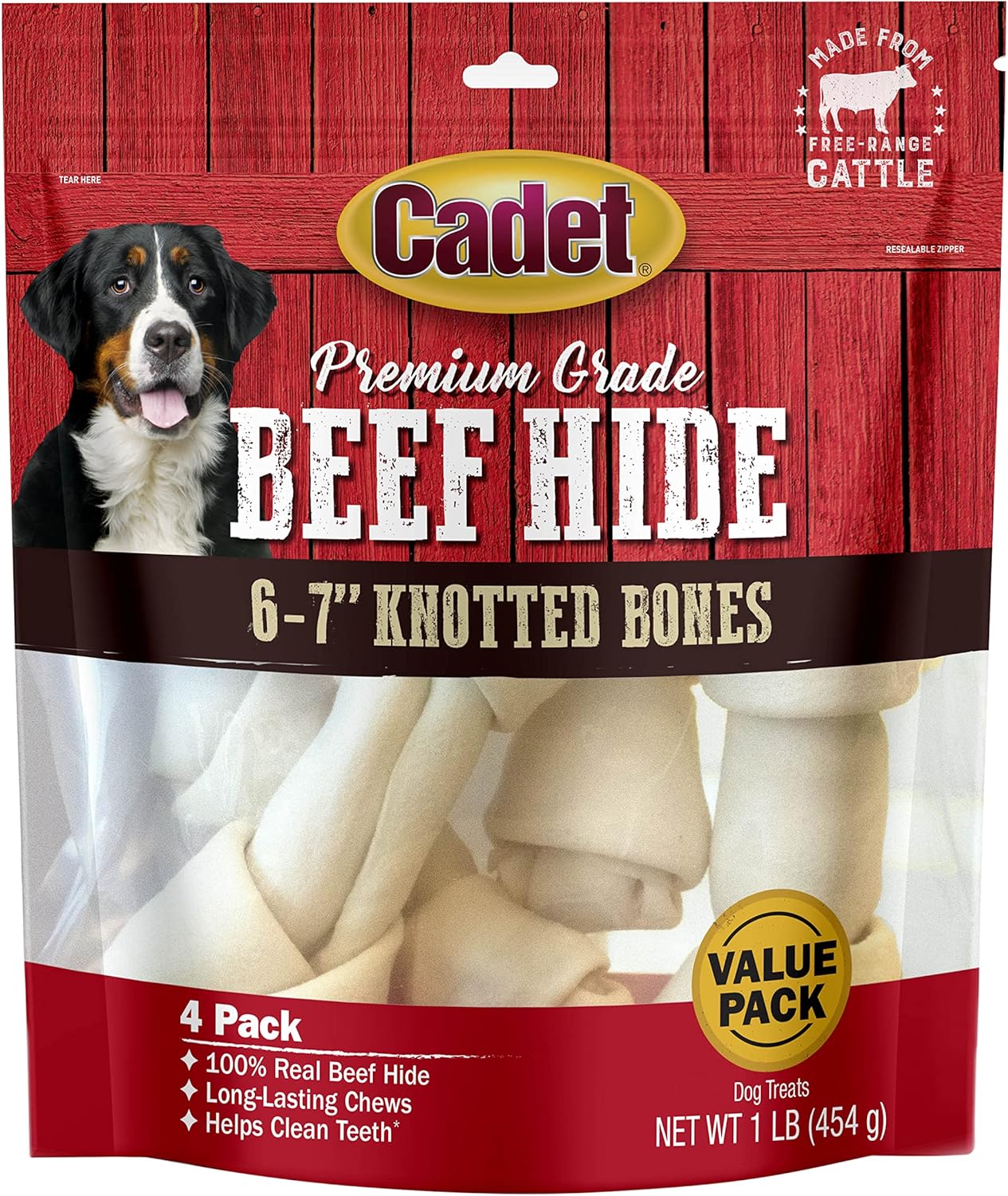 Cadet Premium Grade Beef Hide For Dogs, Long Lasting Rawhide Knotted Bones Single Ingredient Dog Chews, 6"-7" Dog Bones, 4 Pack