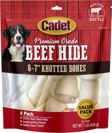Cadet Premium Grade Beef Hide For Dogs, Long Lasting Rawhide Knotted Bones Single Ingredient Dog Chews, 6"-7" Dog Bones, 4 Pack