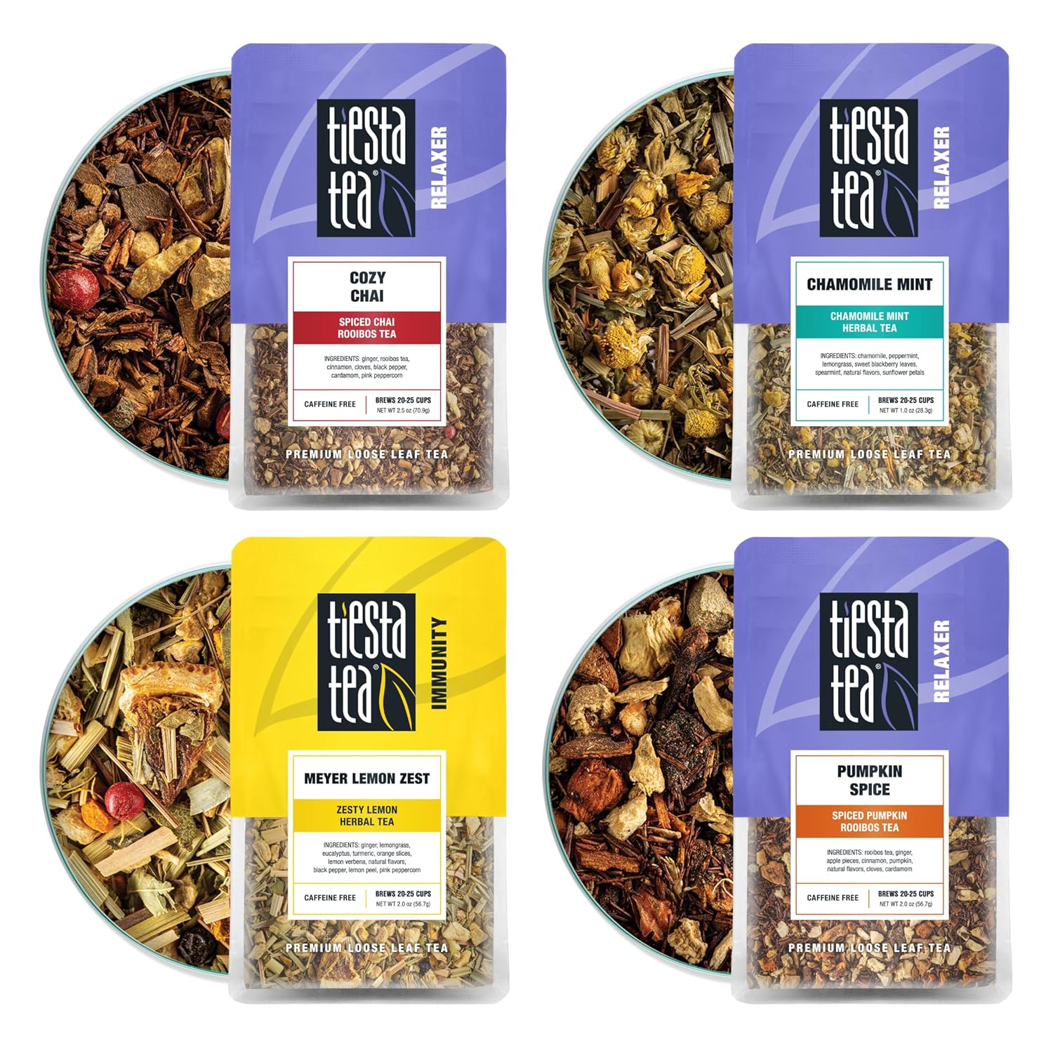 Tiesta Tea - 4 Autumnal Tea Blends | Premium Loose Leaf Tea Blend | Non-Caffeinated Tea | Make Hot Or Iced | Pouch Of Pumpkin Spice, Cozy Chai, Chamomile Mint, Meyer Lemon Zest - Pack Of 4