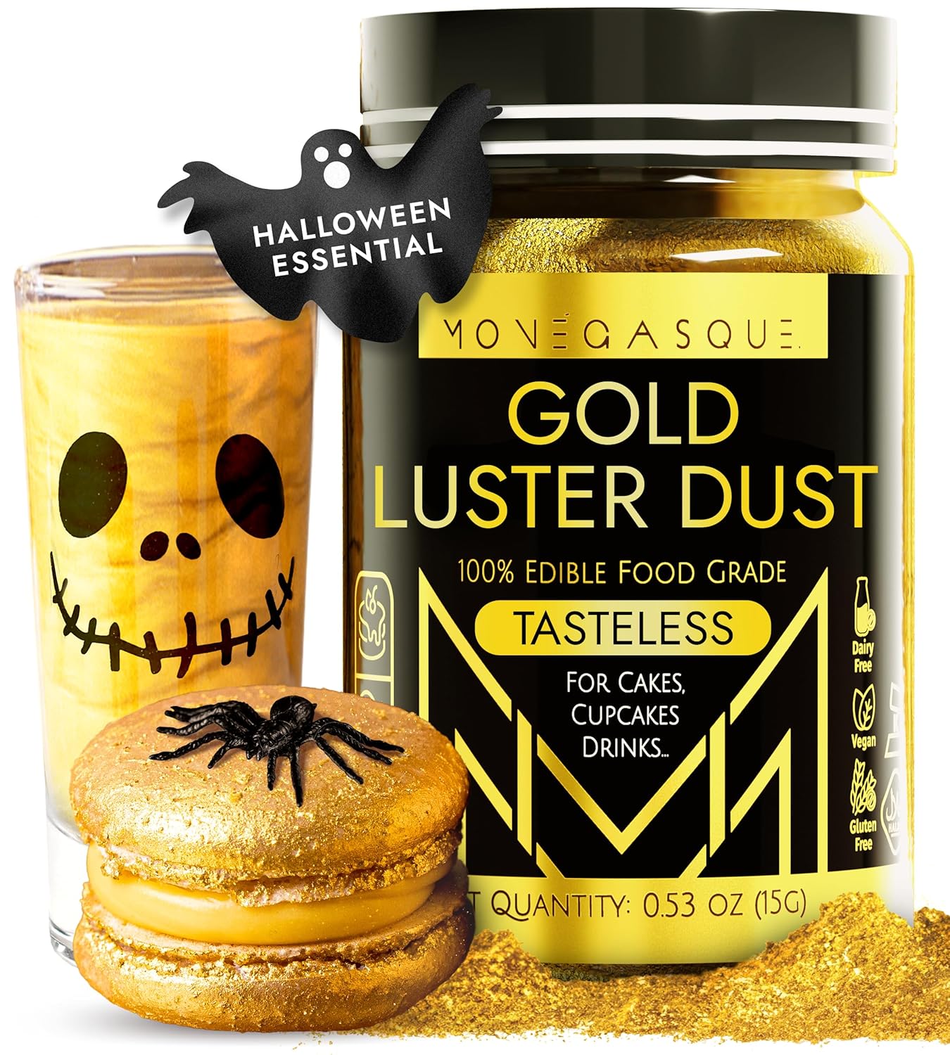 Monégasque Gold Luster Dust Edible 15G – Halloween Gold Edible Glitter For Cakes - Edible Luster Dust For Drinks - Edible Gold Luster Dust - Edible Gold Dust - Gold Sprinkles Edible - Cake Glitter