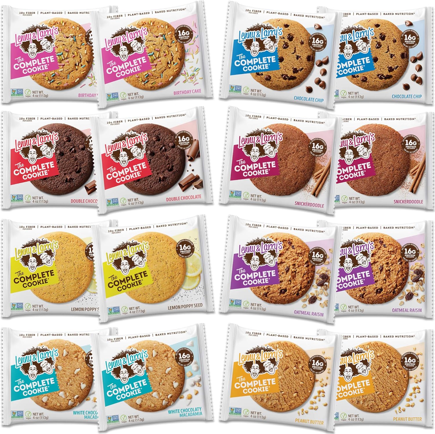 Lenny & Larry'S The Complete Cookie, 8 Flavor Variety Pack, Soft Baked, 16G Plant Protein, Vegan, Non-Gmo, 4 Ounce Cookie (Pack Of 16)