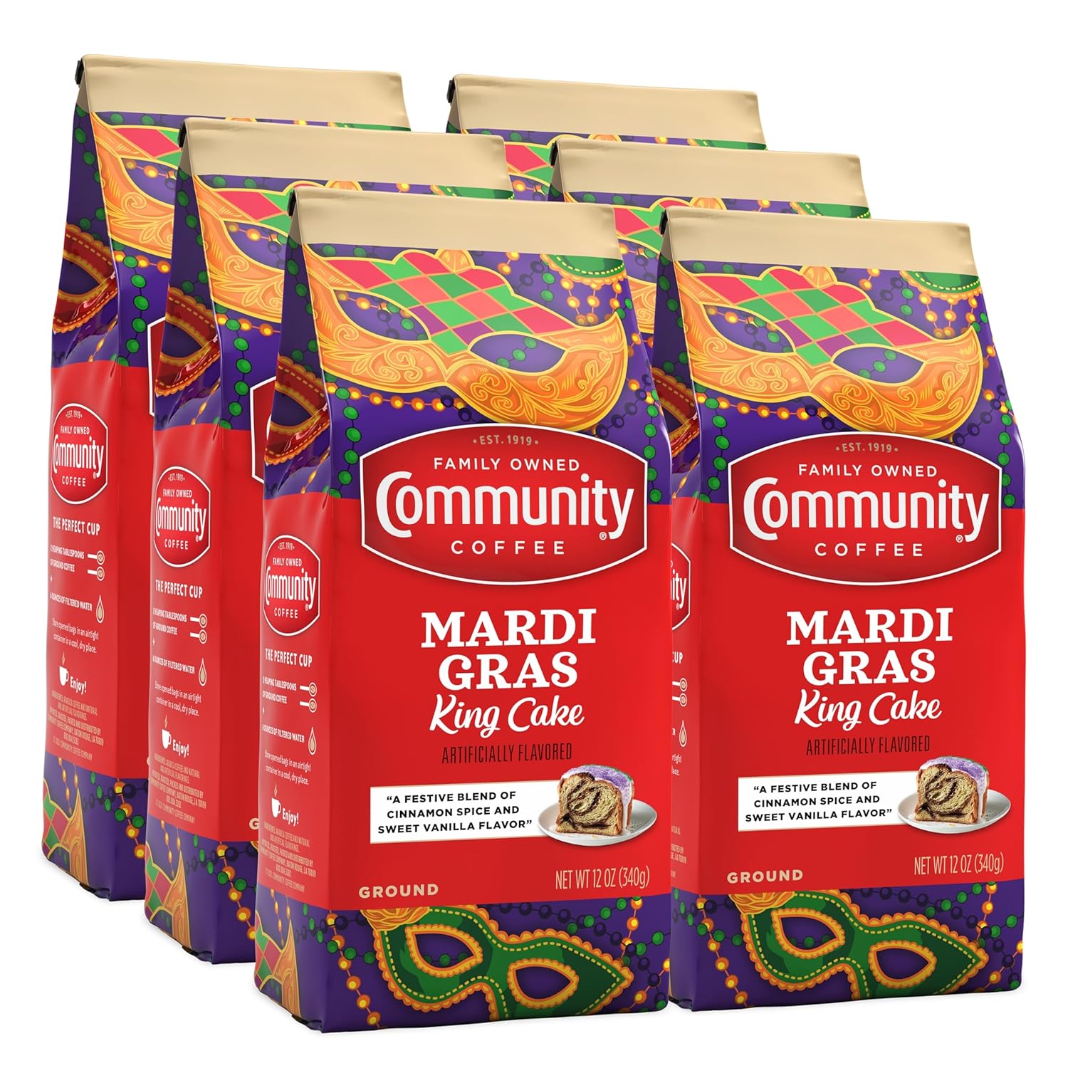 Community Coffee Mardi Gras King Cake Flavored 72 Ounce, Medium Roast Ground Coffee, 12 Ounce (Pack Of 6)