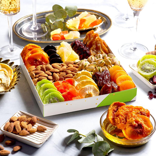 Nut Cravings Gourmet Collection - Rosh Hashana & Shana Tova Dried Fruit & Mixed Nuts Gift Basket In White Gold Box (12 Assortments) Arrangement Platter, Bday Care Package - Healthy Kosher