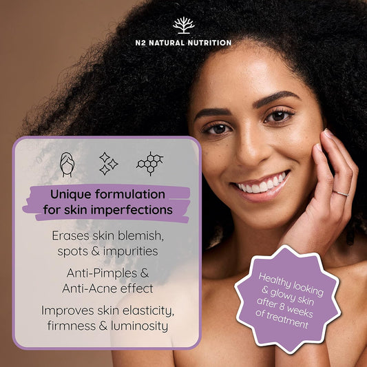 Probiotics For A Healthy Skin. Reduces Spots & Imperfections. Anti Acne Effect. Improves Elasticity, Firmness & Luminosity. With Skinax²™, Zinc & Vitamins. 45 Capsules. Ce. Vegan. N2 Natural Nutrition