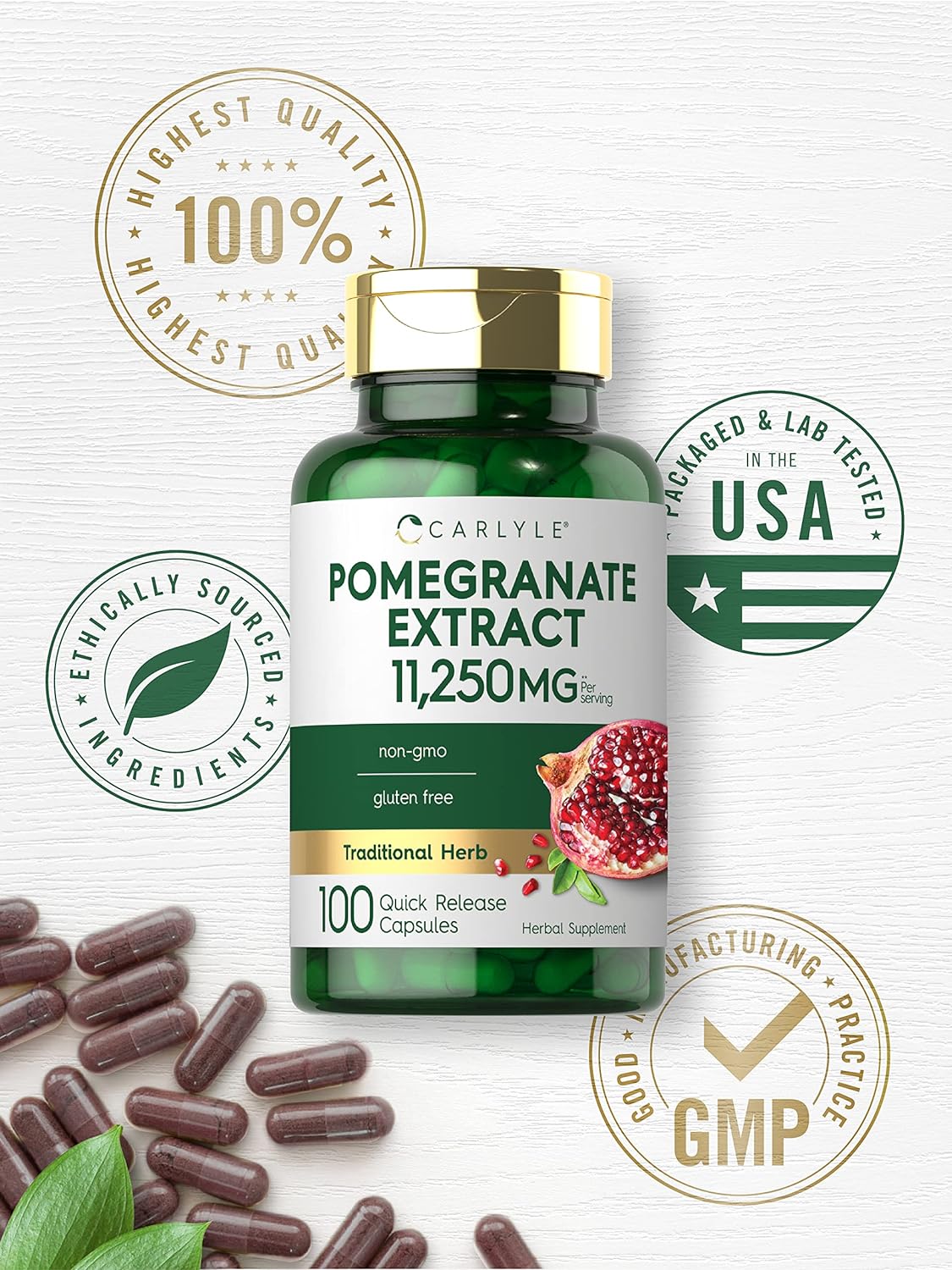 Carlyle Pomegranate Extract | 11250mg | 100 Capsules | Non-GMO, Gluten Free Supplement | Traditional Herb : Health & Household