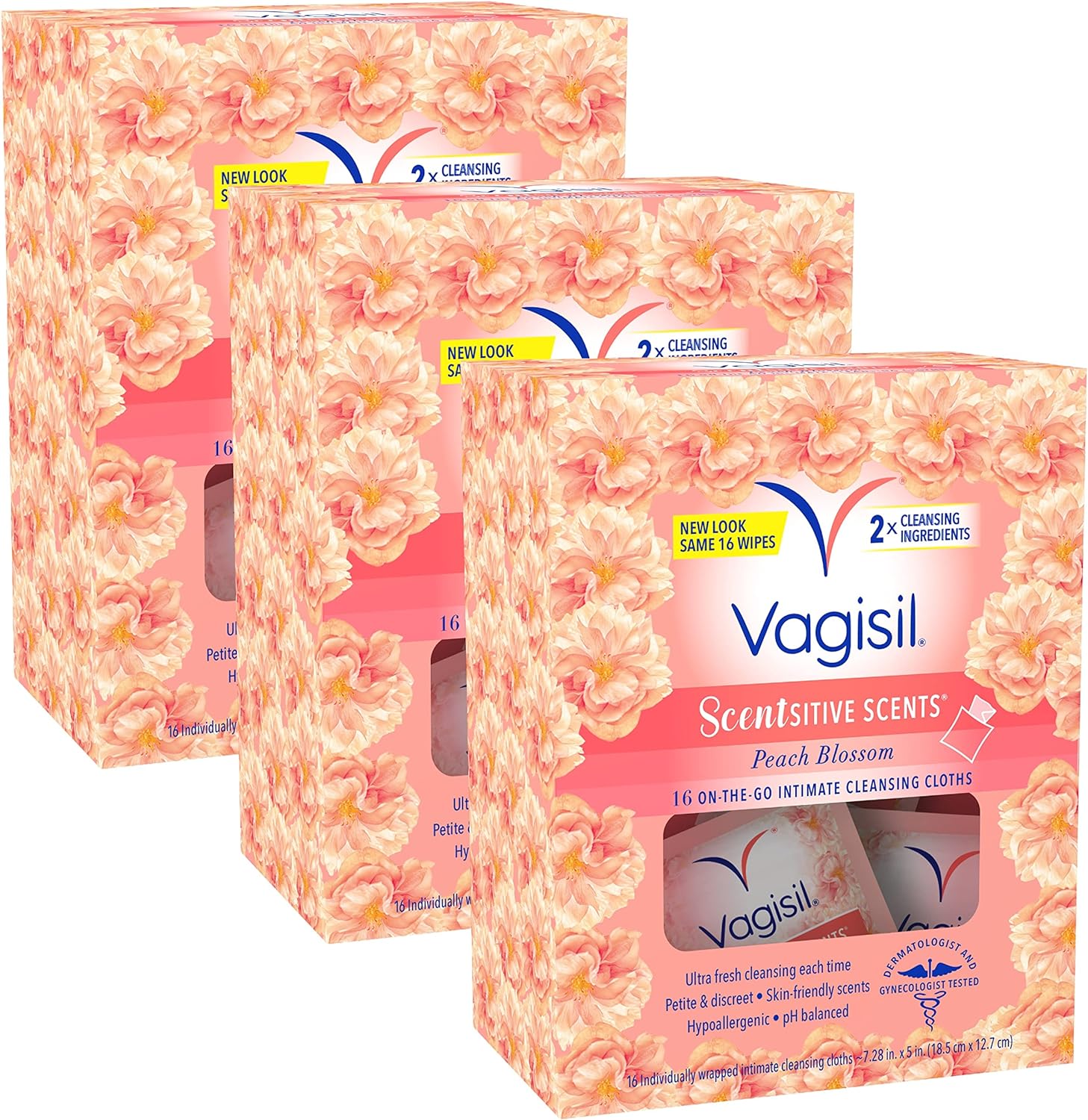 Vagisil Scentsitive Scents On-The-Go Feminine Cleansing Wipes, pH Balanced, Peach Blossom, Individually Wrapped, 16 Count (Pack of 3)